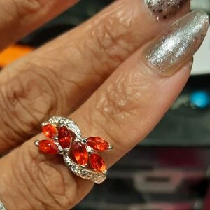 NWOT ORANGE SAPPHIRE CZ'S MARQUISE SOLID STERLING SILVER RING SIZE 6 RHODIUM